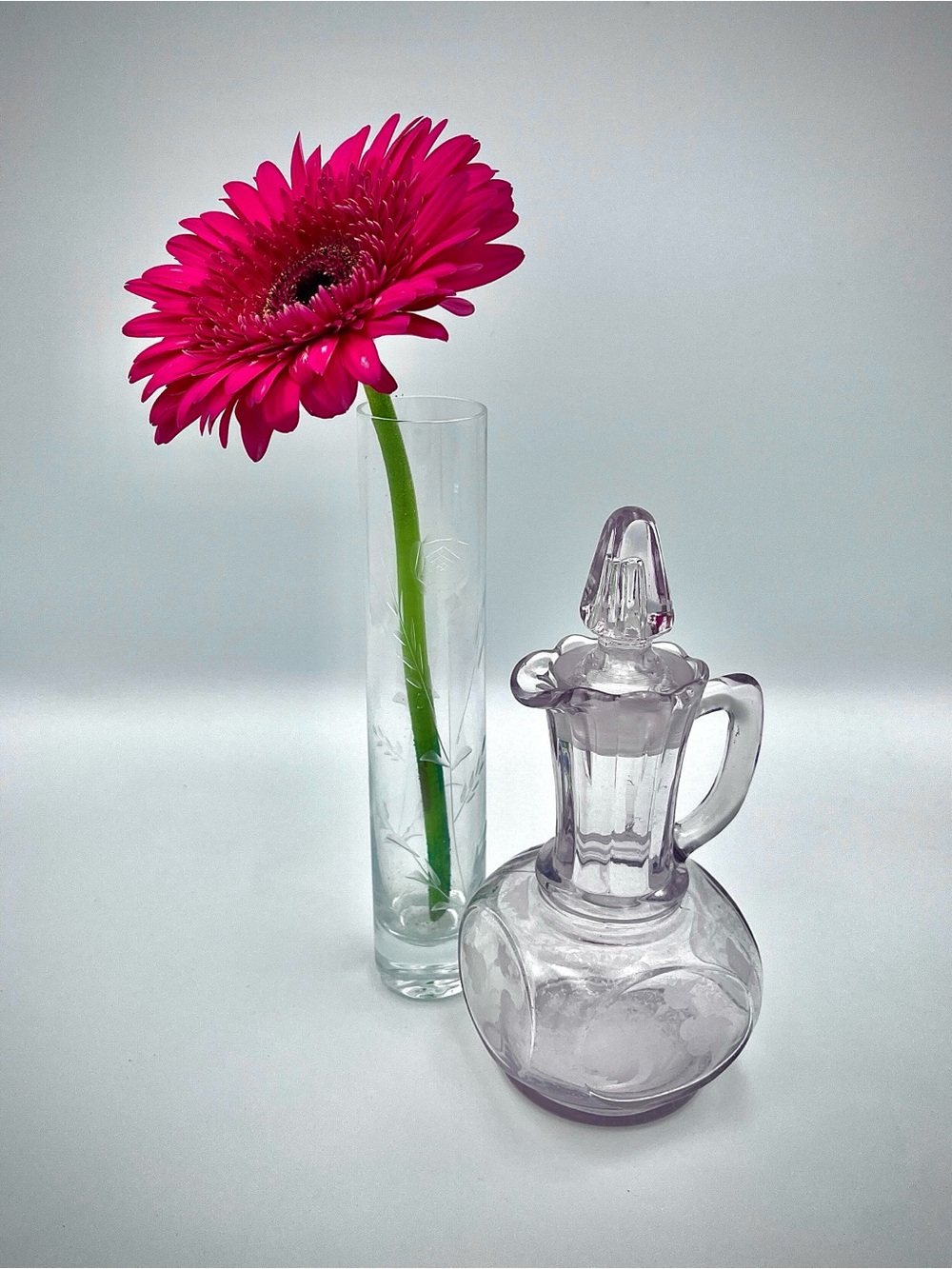 Vintage Lavender Glass Cruet Pitcher & Etched Rose Clear Bud Vase Lot